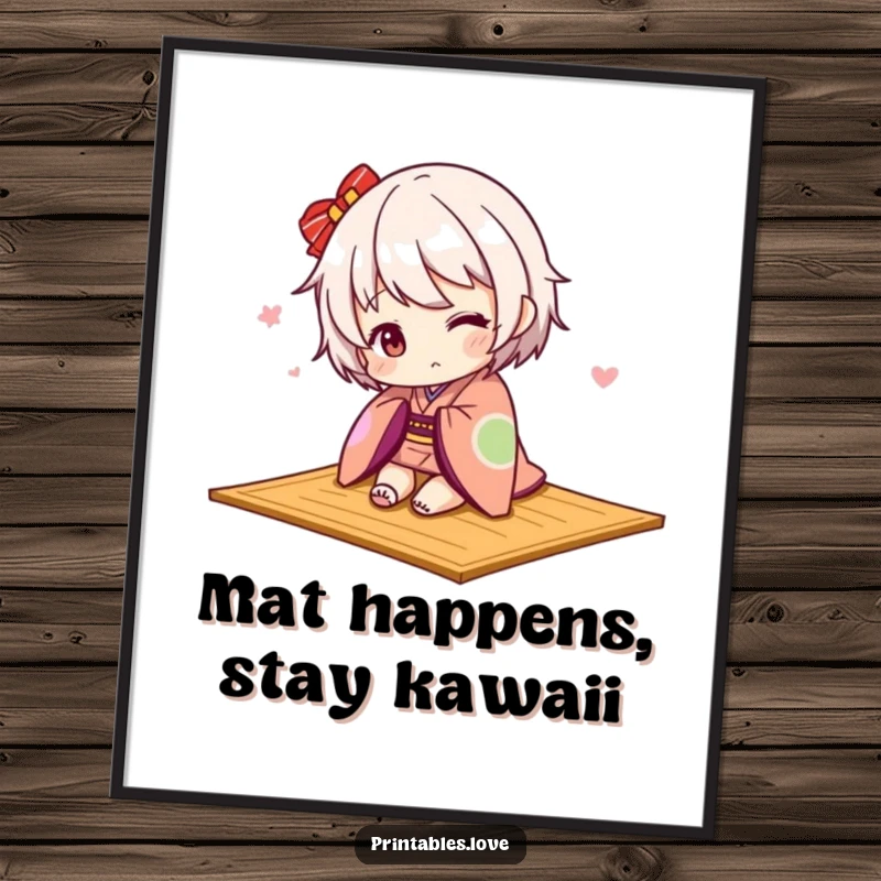 Funny Free Printable Wall Art of a Kawaii character in a kimono playfully tripping over a mat.