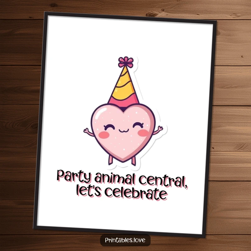 Funny Free Printable Wall Art: A tiny heart donning a party hat, captured mid-spin with pure enthusiasm! Downloadable art.