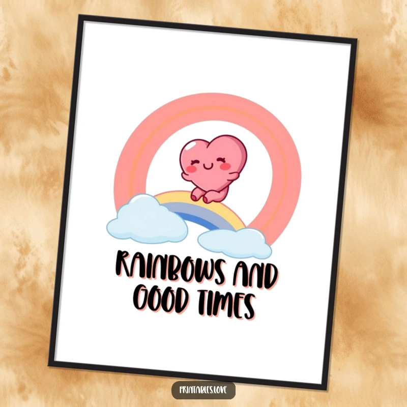 Funny Free Printable Wall Art showing a rosy-cheeked heart character sliding down a vibrant rainbow with an expression of pure glee.