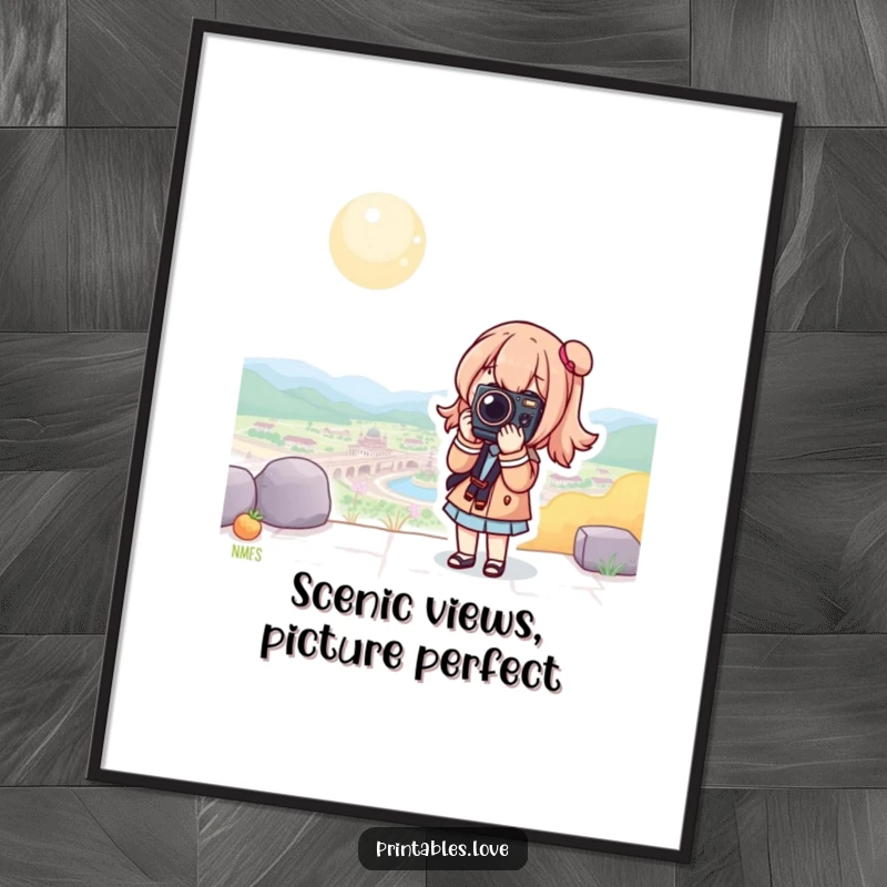 Funny free printable wall art of a Kawaii character posing with a camera, capturing the beauty of a scenic spot.