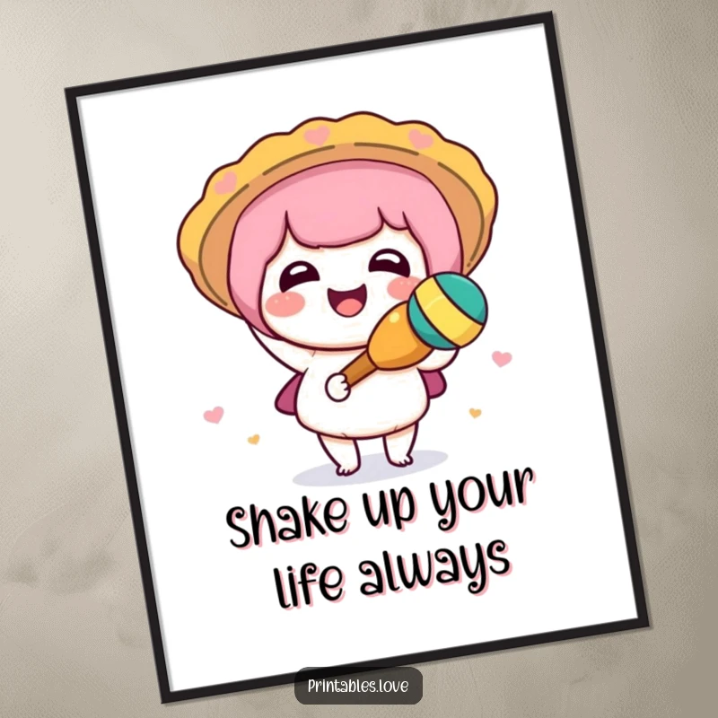 Funny Free Printable Wall Art: Adorable Kawaii character in a festive pose, shaking a maraca with pure delight.