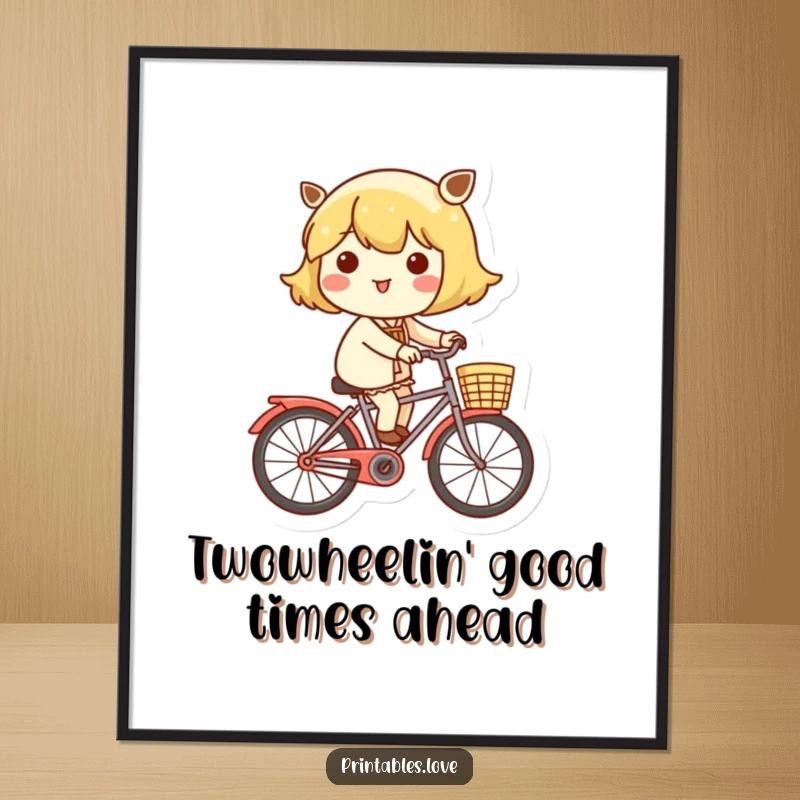 Funny Free Printable Wall Art: A Kawaii character happily riding a bicycle, basket brimming with flowers and joy.