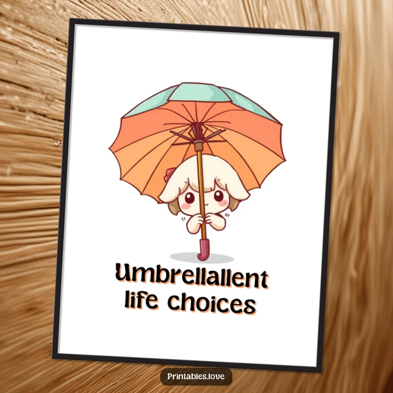 Funny Free Printable Wall Art: Kawaii character peeking out from behind a large umbrella, adding a whimsical and humorous touch.