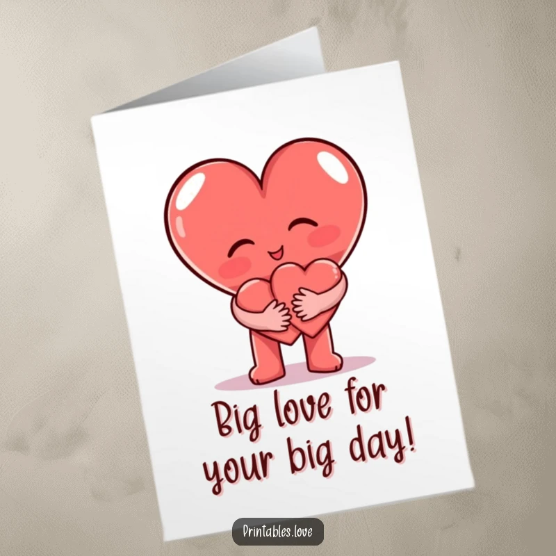 Funny Free Printable Birthday Card: A large heart character giving a tight, loving hug to a tiny heart character.