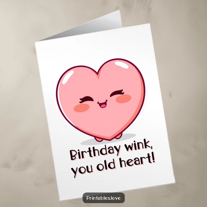 Funny Free Printable Birthday Card: A plump, red heart character winking playfully, with rosy cheeks, sending a cheeky birthday wish.