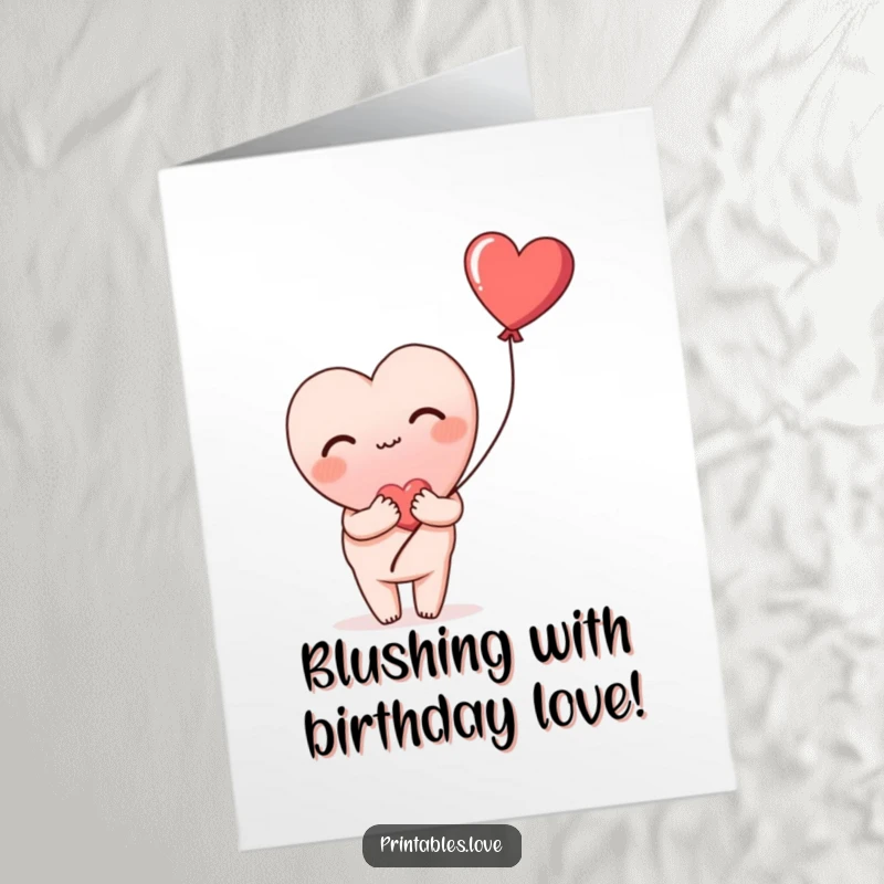Funny free printable birthday card of a heart blushing deeply and shyly holding a heart balloon, expressing gentle birthday wishes.