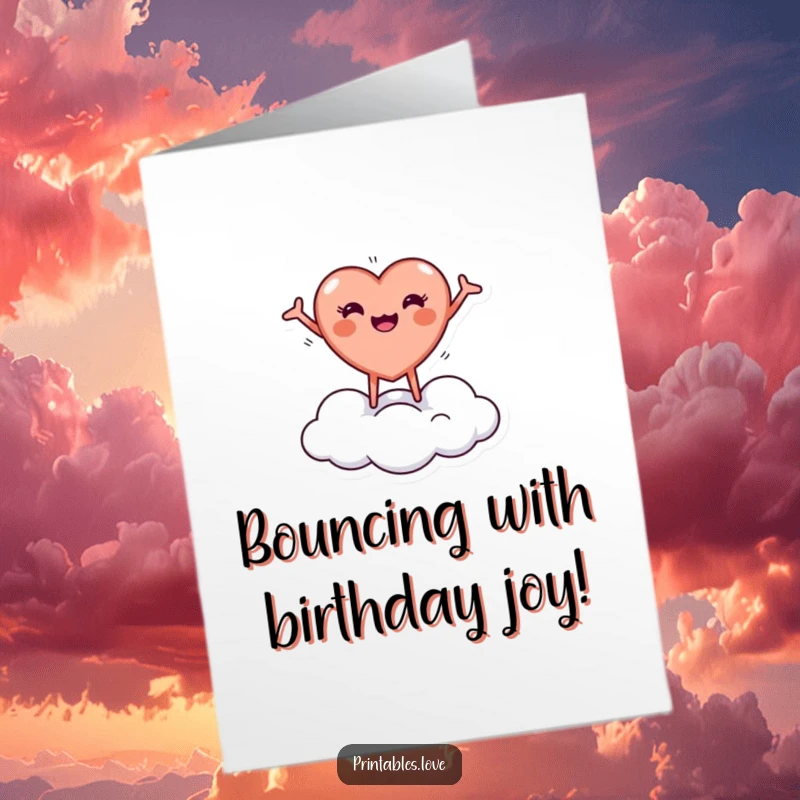 Cute Free Printable Birthday Card: A tiny, round heart character bounces happily on a fluffy cloud with arms outstretched.
