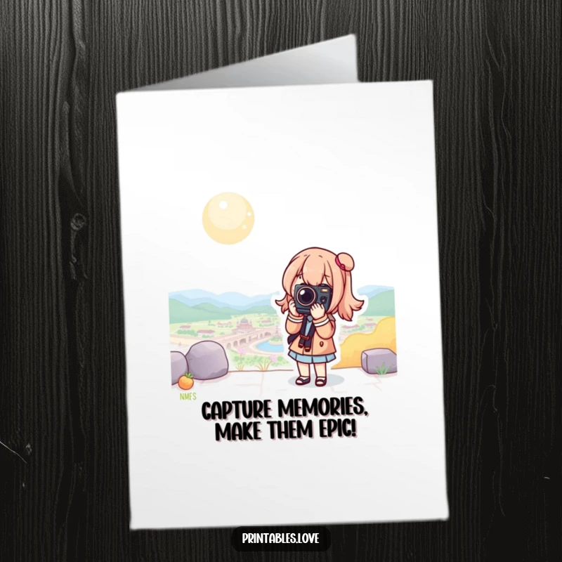 Funny free printable birthday card of a Kawaii character acting as a photographer, posing with a camera in a scenic location.