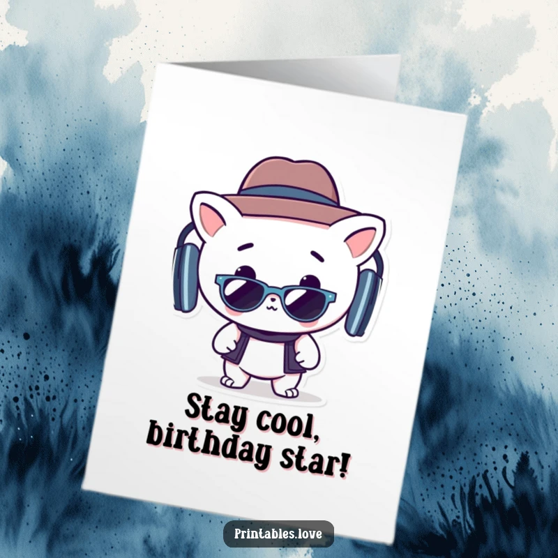 Funny Free Printable Birthday Card: A cute Kawaii character wearing a stylish hat and sunglasses, grooving to the music.