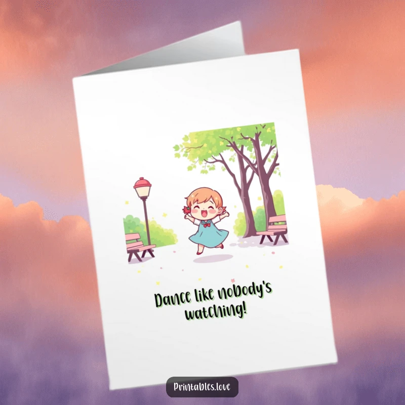 Funny free printable birthday card of a cute Kawaii character dancing joyfully in a park, spreading happiness and cheer.