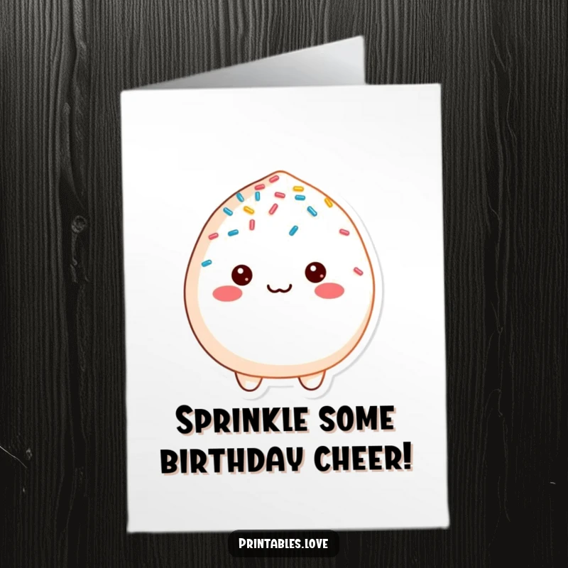 Funny Free Printable Birthday Card: A Cheerful Mochi Character Happily Covered in Colorful Sprinkles