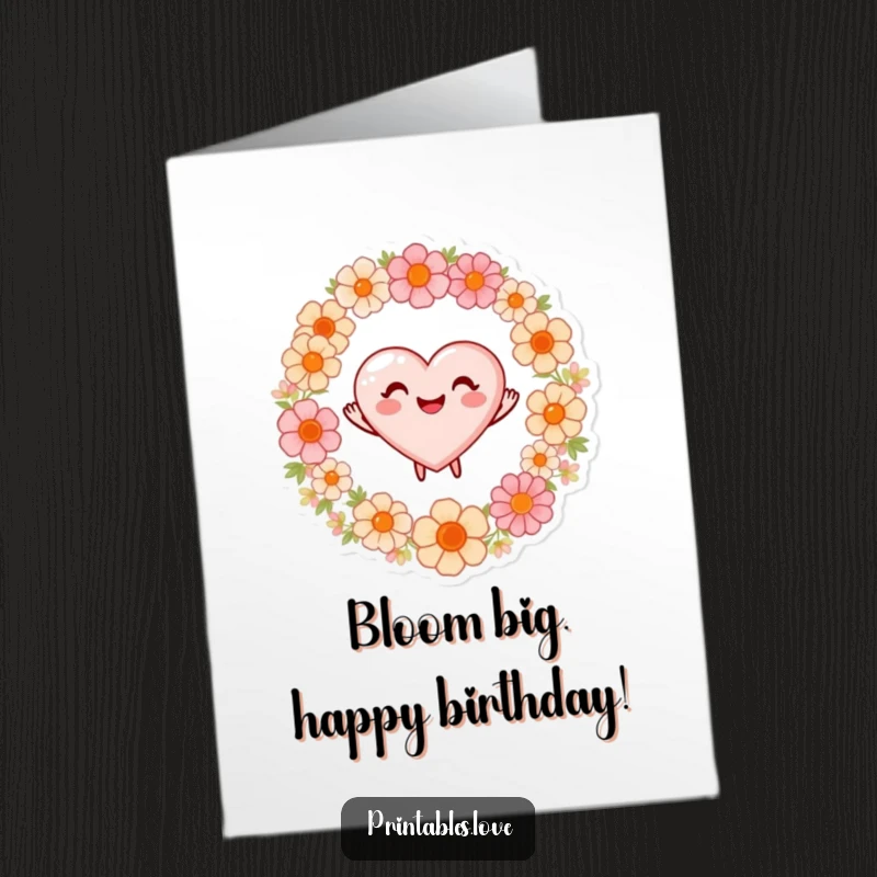 Funny Free Printable Birthday Card: A heart with a beaming smile joyfully dancing amidst a circle of colorful flowers.