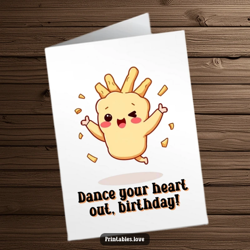 Funny Free Printable Birthday Card: A Tempura Character Dancing Joyfully with Crispy Bits Flying Playfully
