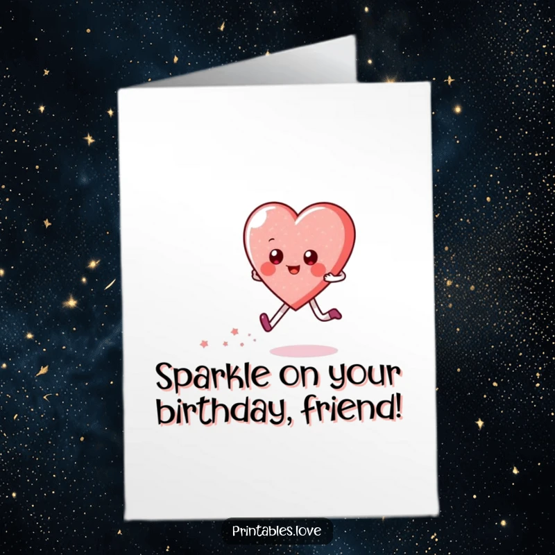 Funny Free Printable Birthday Card: A cute heart character joyfully skipping, leaving a whimsical trail of sparkles behind.