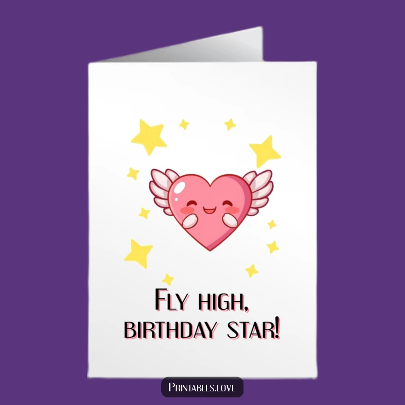 Free Printable Birthday Card: Joyful Flying Heart Character Downloadable Gift