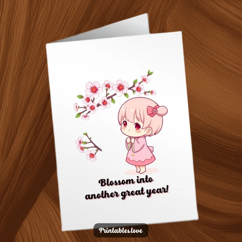 Free Printable Birthday Card featuring a cute Kawaii character gazing in wonder at a branch full of delicate cherry blossoms.