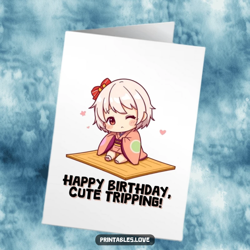 Funny Free Printable Birthday Card featuring a Kawaii character in a kimono playfully tripping over a mat.