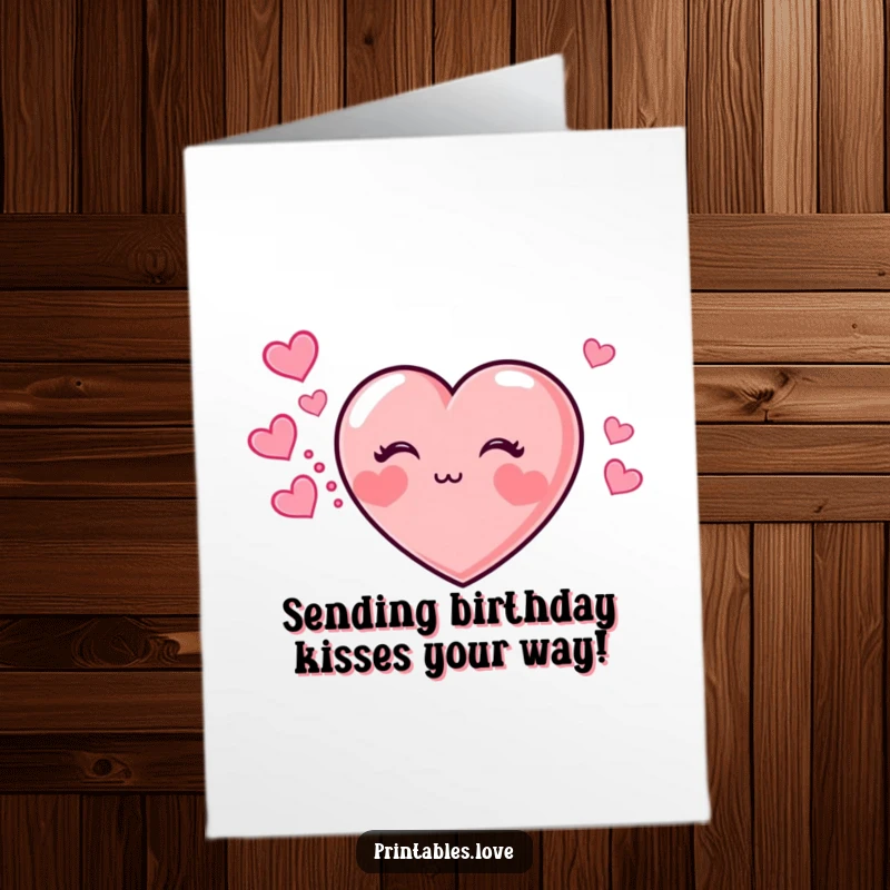 Funny Free Printable Birthday Card: A heart with chubby cheeks sending a kiss, leaving a trail of smaller hearts.