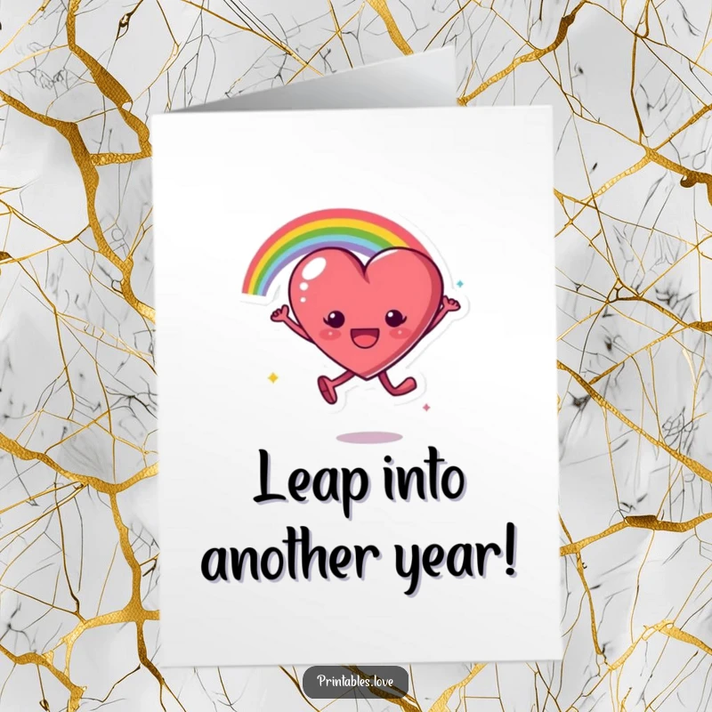 Funny Free Printable Birthday Card: A heart character joyfully leaps, leaving a colorful rainbow arc in its energetic wake.