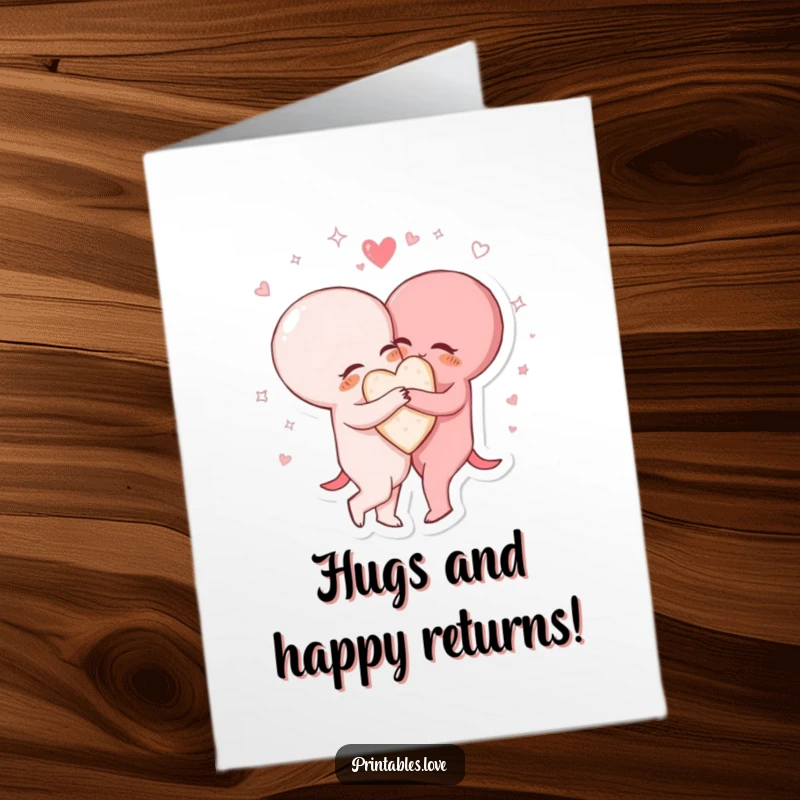 Funny Free Printable Birthday Card: Two heart characters hug tightly, surrounded by glittering, swirling lines of joy.
