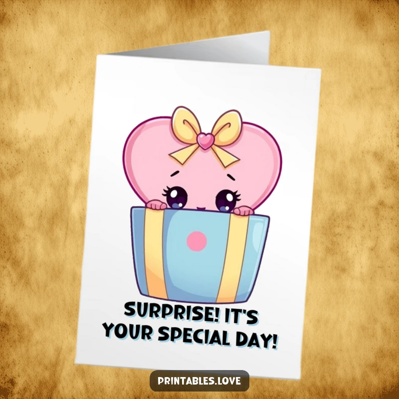 Funny Free Printable Birthday Card: A heart with wide eyes peeks shyly from behind a giant colorful gift box. Downloadable.