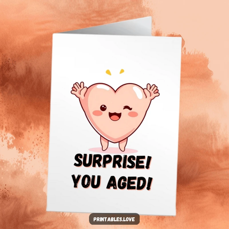 Funny Free Printable Birthday Card: A cartoon heart shouts OMG with arms up, pure surprised delight for a DIY greeting.