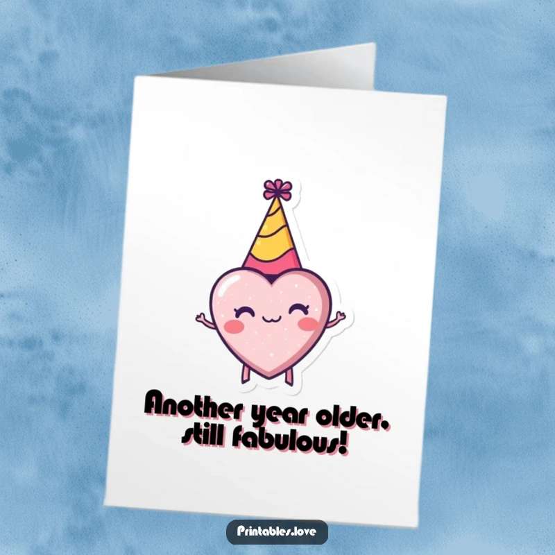 Funny Free Printable Birthday Card: Tiny heart in a party hat spinning with joy, ready to celebrate! A perfect downloadable gift.
