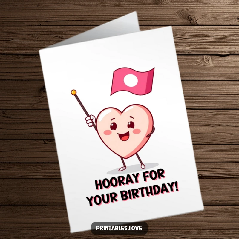 Funny Free Printable Birthday Card: A smiling heart character enthusiastically waves a miniature flag, celebrating a birthday. Perfect gift.