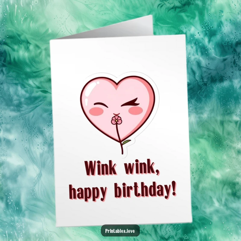 Funny Free Printable Birthday Card: A charming heart winks with a tiny flower, sharing a playful secret.