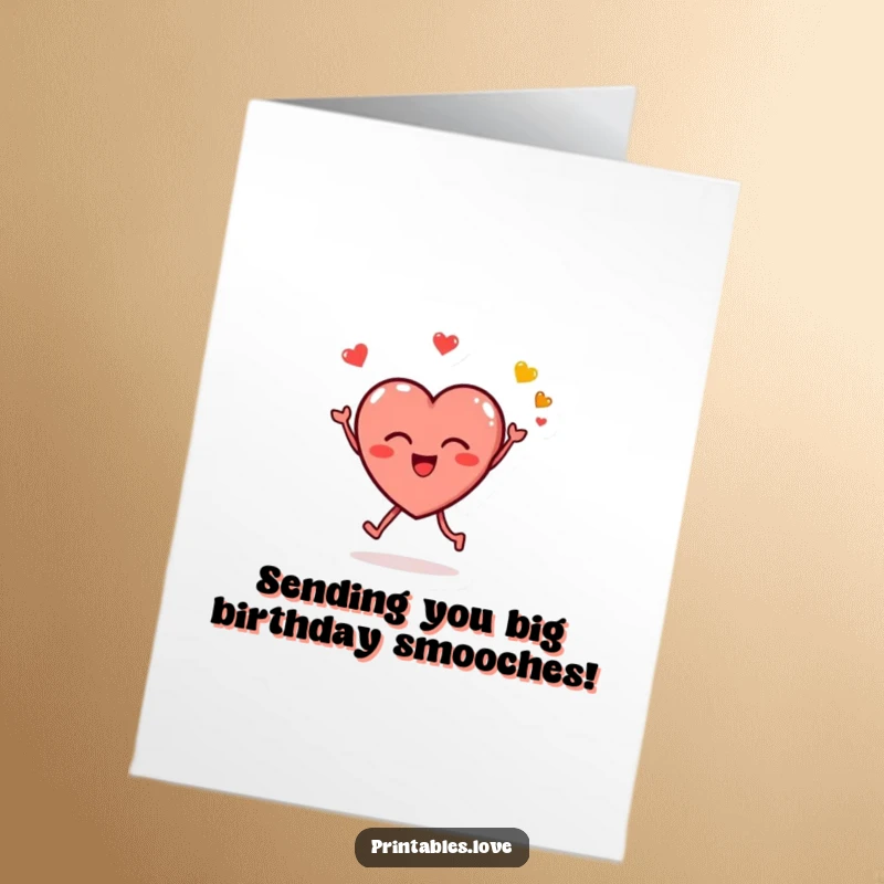 Funny Free Printable Heart Happy Birthday Card: Small heart character leaping with glee, blowing kissy emojis.