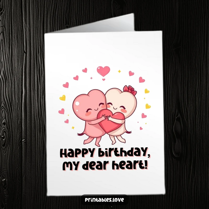 Funny Free Printable Hugging Hearts Happy Birthday Card: Two hearts embracing with sparkles, radiating joy and warmth.
