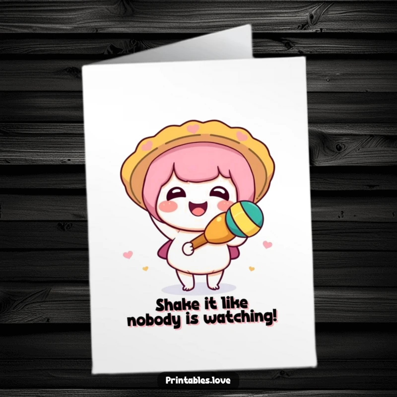 Funny Free Printable Birthday Card: Cute Kawaii character joyfully shaking a maraca, spreading birthday cheers.