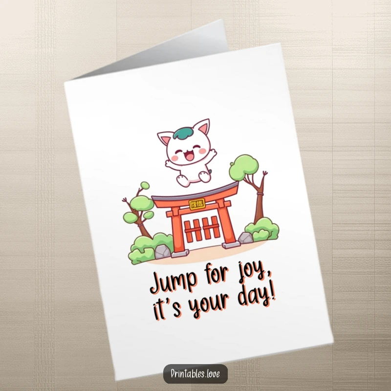 Funny Free Printable Birthday Card: Cute Kawaii character energetically leaping over a small torii gate in celebration.