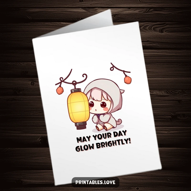 Funny free printable birthday card of a Kawaii character curiously observing a glowing paper lantern with wonder.