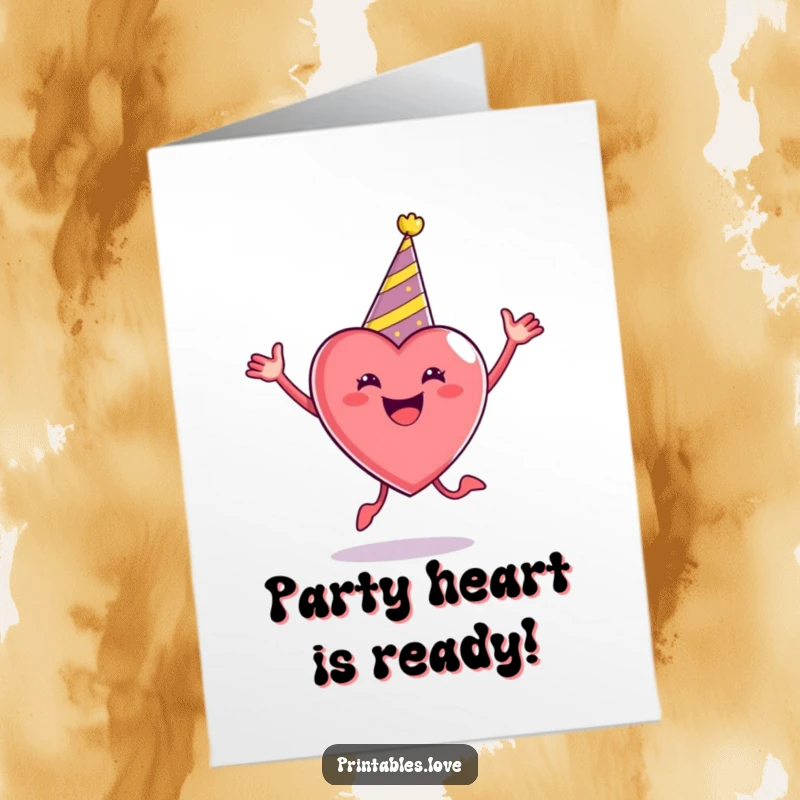 Free Printable Birthday Card: A heart wearing a festive party hat, joyfully jumping mid-air with excitement.