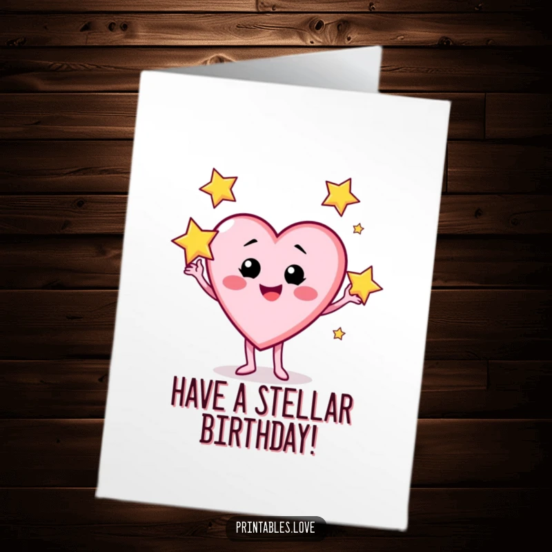 Funny Free Printable Birthday Card showcasing a joyful heart character with a cheeky grin, expertly juggling three twinkling stars.
