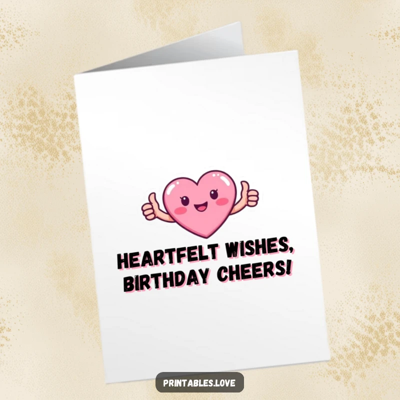 Funny free printable birthday card: a small pink heart with tiny arms gives a happy thumbs up.
