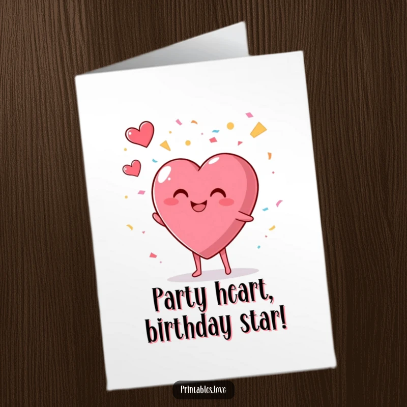 Festive Free Printable Birthday Card: A plump, smiling heart character joyfully throws colorful confetti into the air.