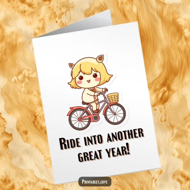 Funny Free Printable Birthday Card: A happy Kawaii character cheerfully riding a bicycle with a basket filled with flowers.