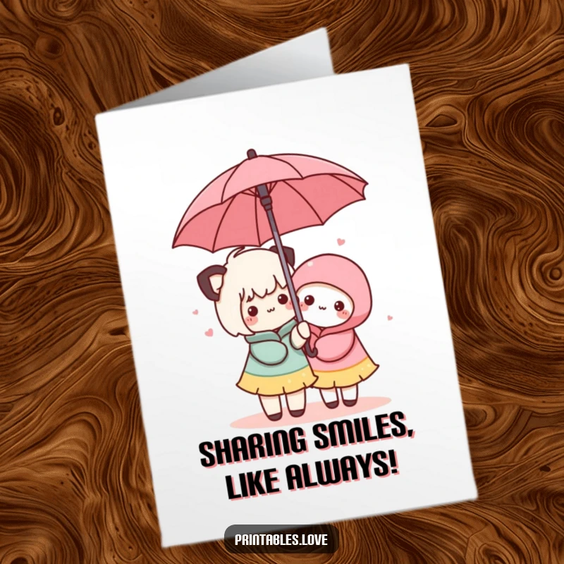 Funny free printable birthday card of two cute Kawaii characters sharing an umbrella, symbolizing friendship and protection.