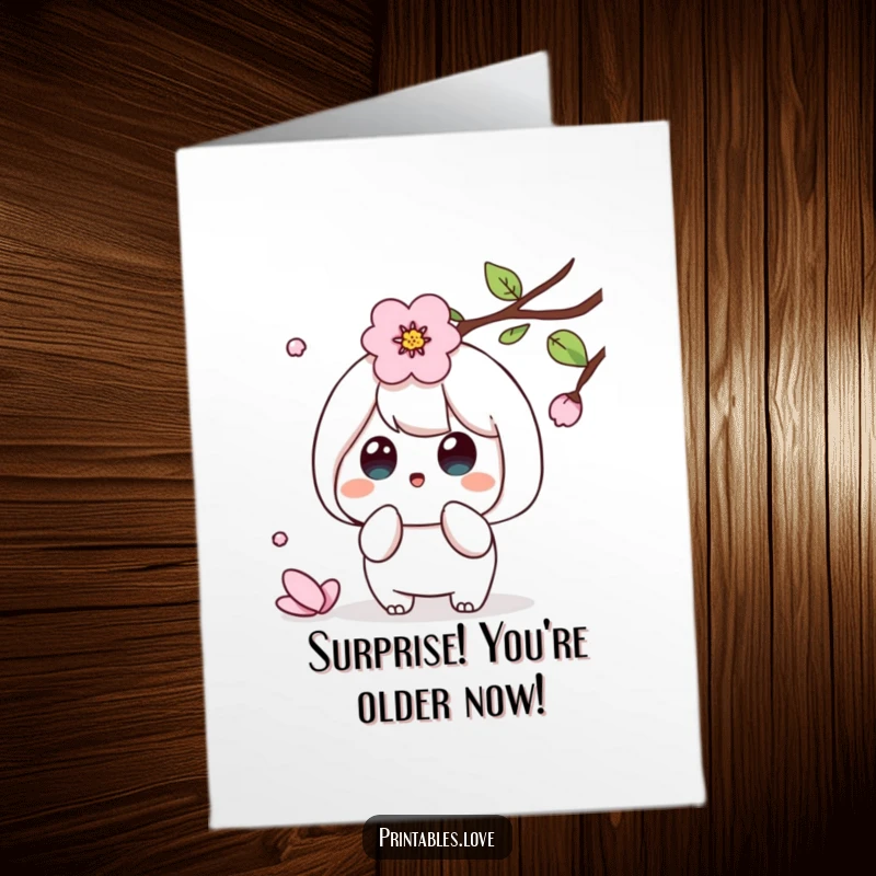 Funny Free Printable Birthday Card: Cute Kawaii character looking surprised as a cherry blossom petal gently falls.