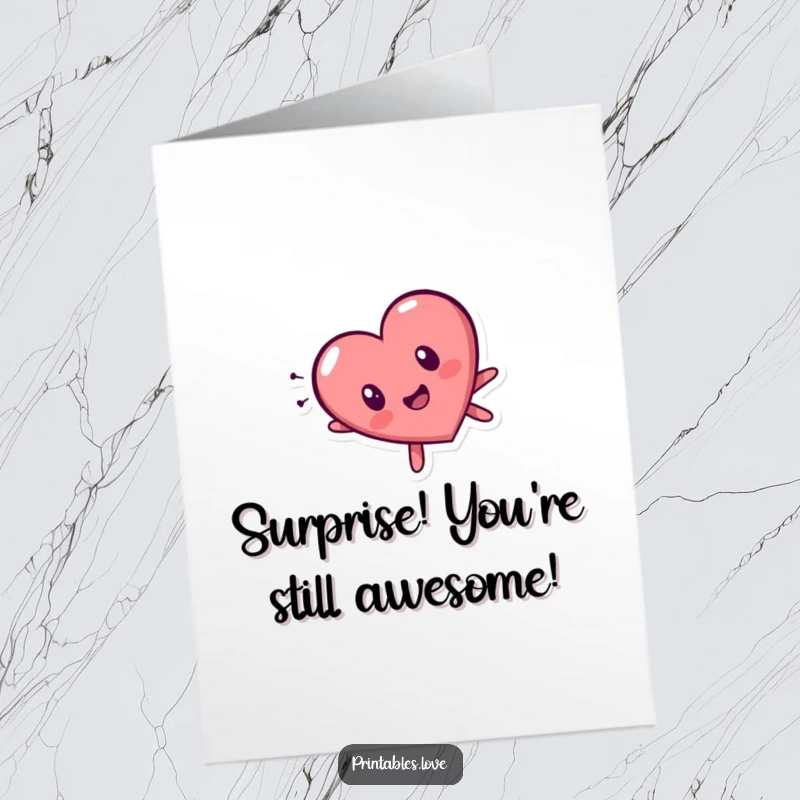 Funny Free Printable Birthday Card, a heart character tumbling head over heels with a comically surprised expression, embracing chaos.