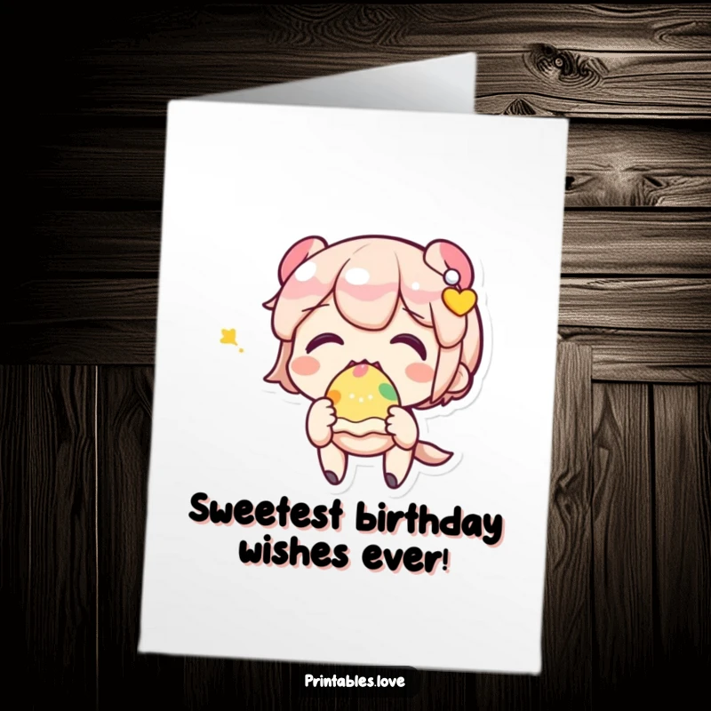 Funny Free Printable Birthday Card: A cute Kawaii character excitedly eating a colorful sweet treat with pure joy and delight.