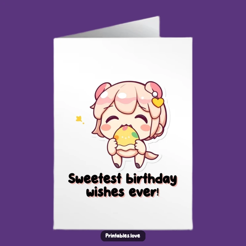 Free Printable Birthday Card: Kawaii Character Enjoys Sweet Treat!