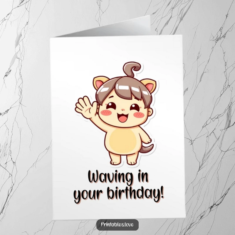 Funny Free Printable Kawaii character enthusiastically waving hello with a giant, joyful gesture, perfect for birthday greetings.