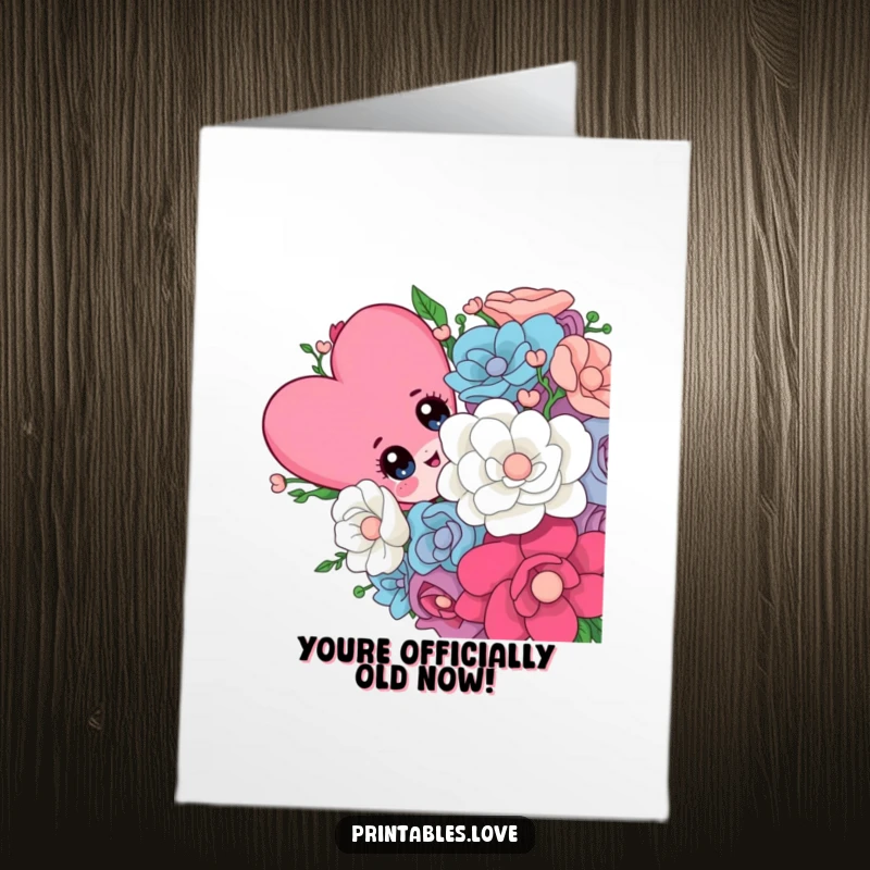 Funny Free Printable Birthday Card featuring a cute heart character peeking from behind a huge, vibrant bouquet, conveying playful birthday wishes.