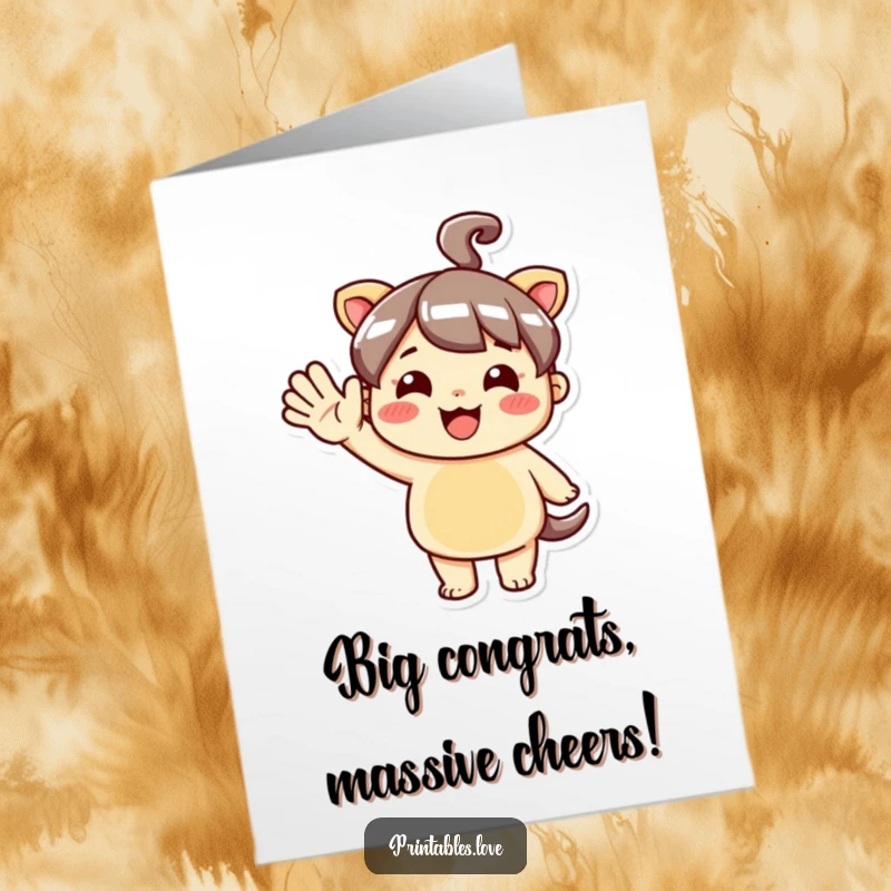 Funny Free Printable Kawaii character waving a massive hello, celebrating congratulations with infectious, over-the-top enthusiasm.