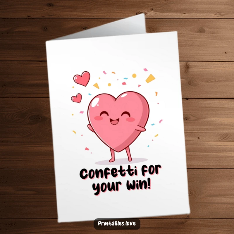 Festive Free Printable Congratulations Card: A happy heart character enthusiastically launches confetti, celebrating your amazing achievement.