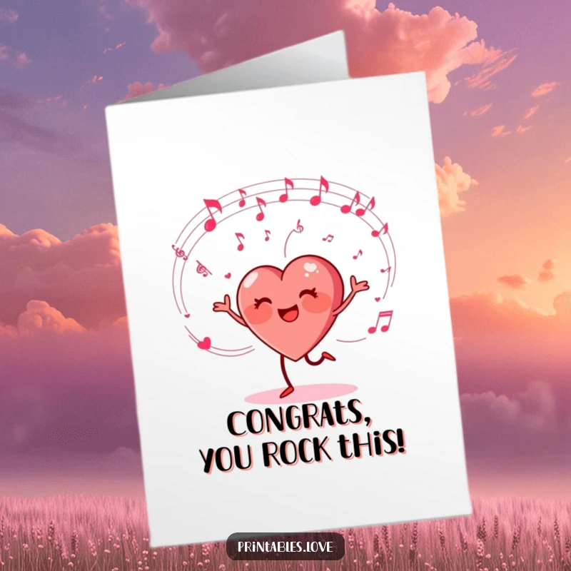 Funny Free Printable Dancing Heart Congratulations Card: Heart character dances joyfully surrounded by musical notes, celebrating victory.