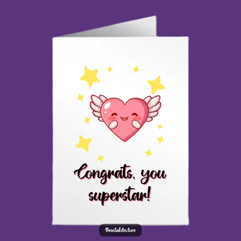 Free Printable Congrats Card: Joyful Flying Heart Character Celebration Download